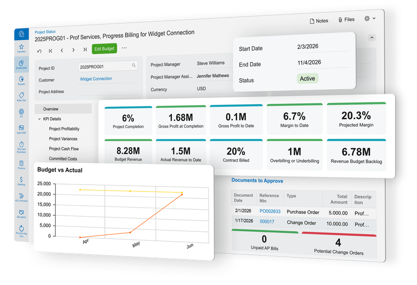 Acumatica dashboard showing project and financial data